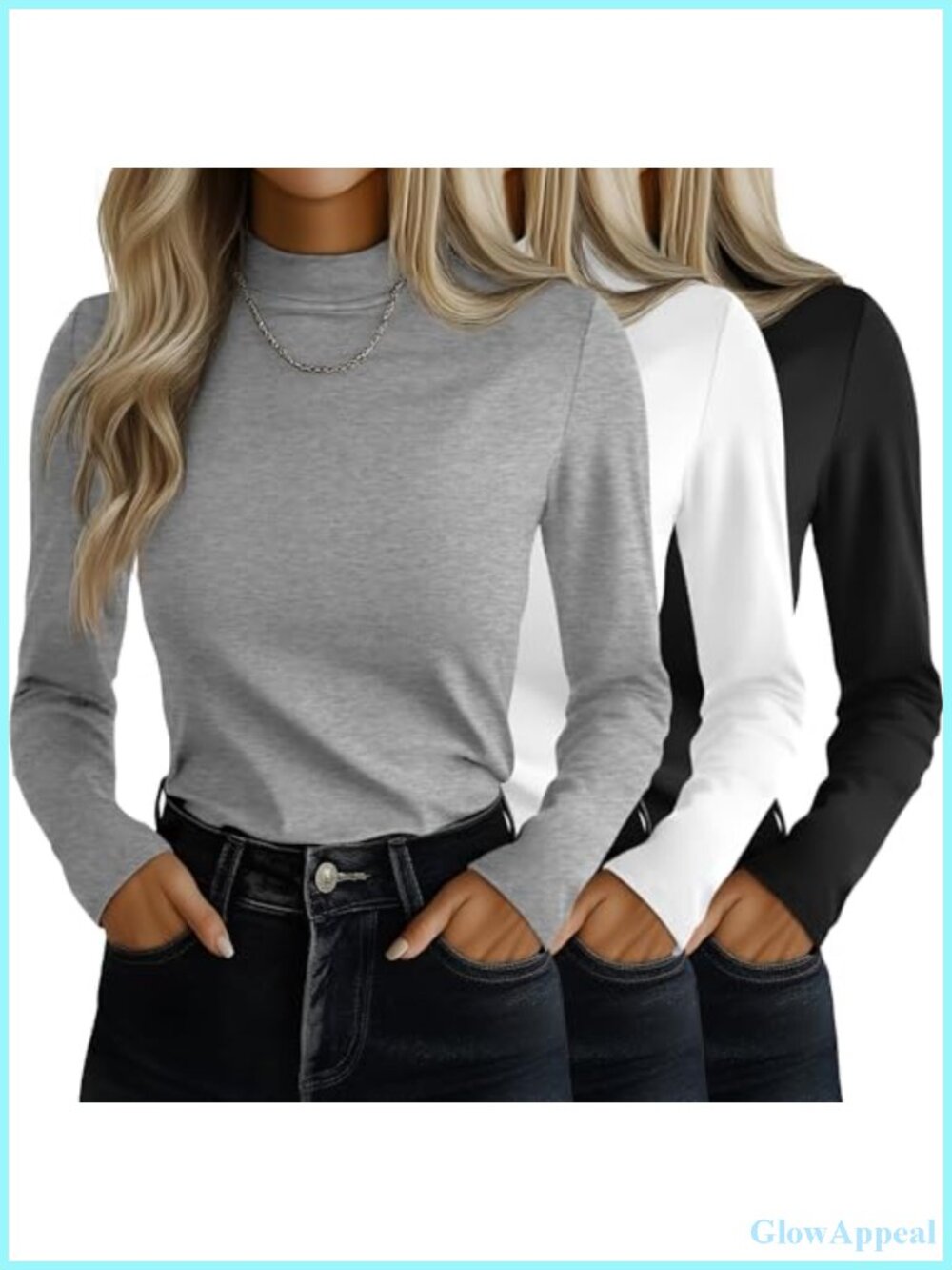 Mock Turtleneck Long Sleeve Slim Fit Tops 3 Pack Polyester Rayon Spandex